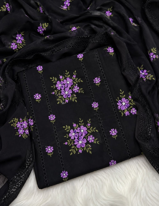 Black Cross Stitch Embroidered 3-Piece Suit