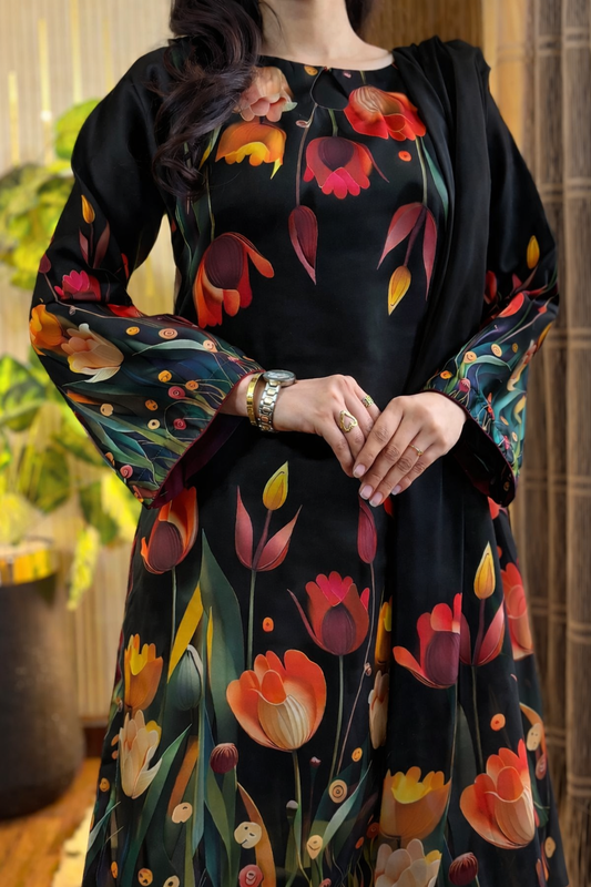 Digital Print Silk 3pcs ( BLACK 3D FLOWERS)