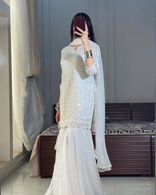 S-F 010HEAVY EMBROIDERY CHIFFON 3PCS UNSTICH DRESS (WHITE)