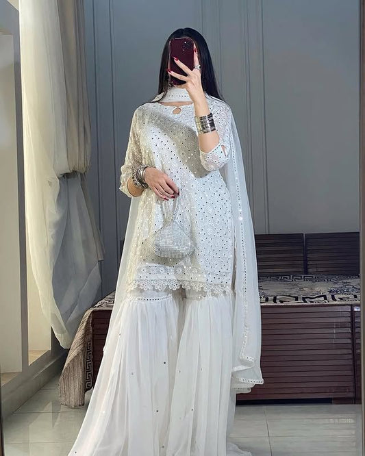 S-F 010HEAVY EMBROIDERY CHIFFON 3PCS UNSTICH DRESS (WHITE)