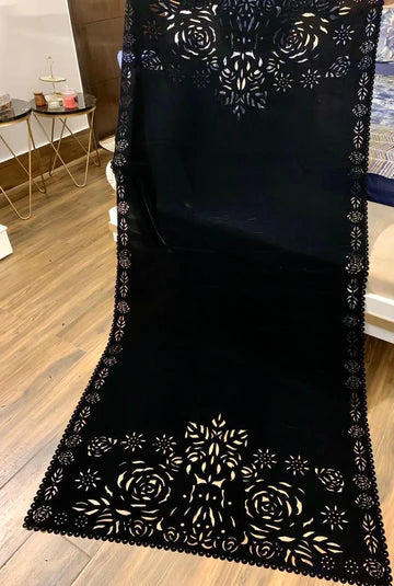 Laser Cut Velvet Shawl 2025 - Damask Black (SF PRET)