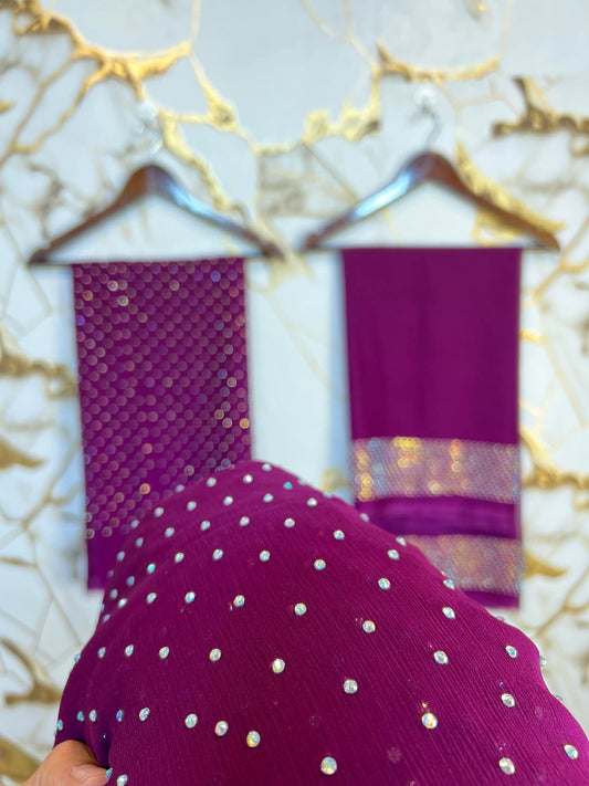 Chiffon Crystal Work unstich Dress