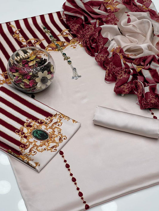 Digital Print Silk 3pcs (maroon cream)