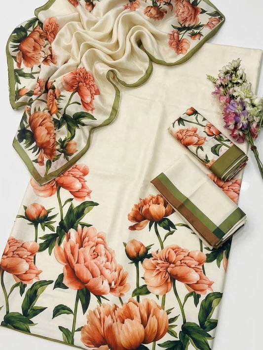 Digital Print Silk 3pcs(Ivory Bloom Floral)