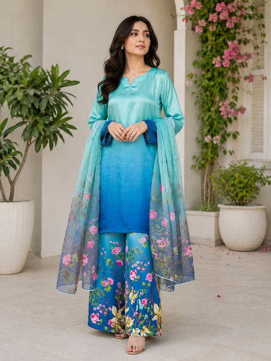 Digital Print Silk 3PCS (Aqua Floral)