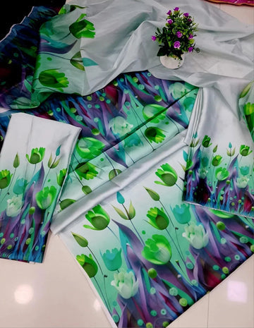 Digital Print Silk 3pcs (3D FLOWERS AQUA)