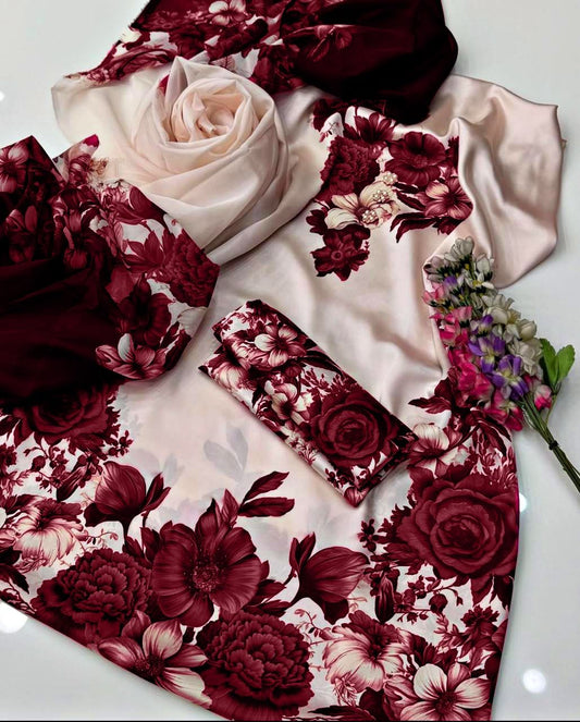 Digital Print Silk 3pcs(mehroon phool)