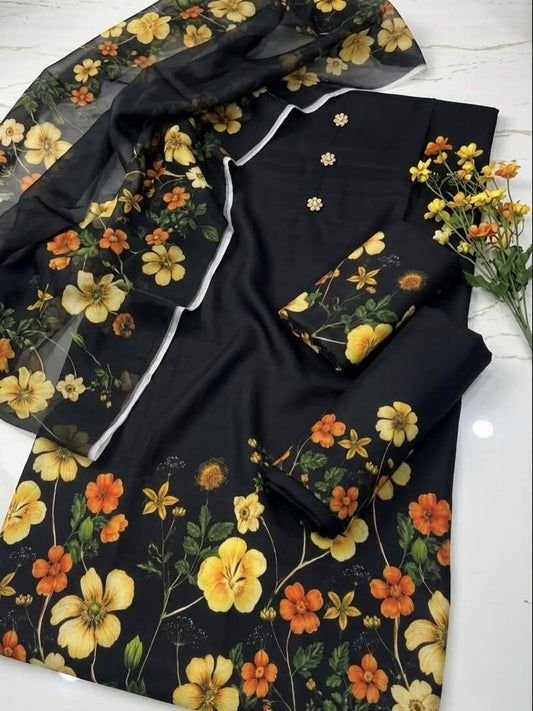 Digital Print Silk 3pcs (Black Floral Elegance)